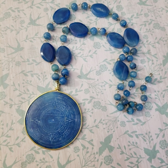 Jewelry - Large vintage alabaster carved Aztec calendar necklace